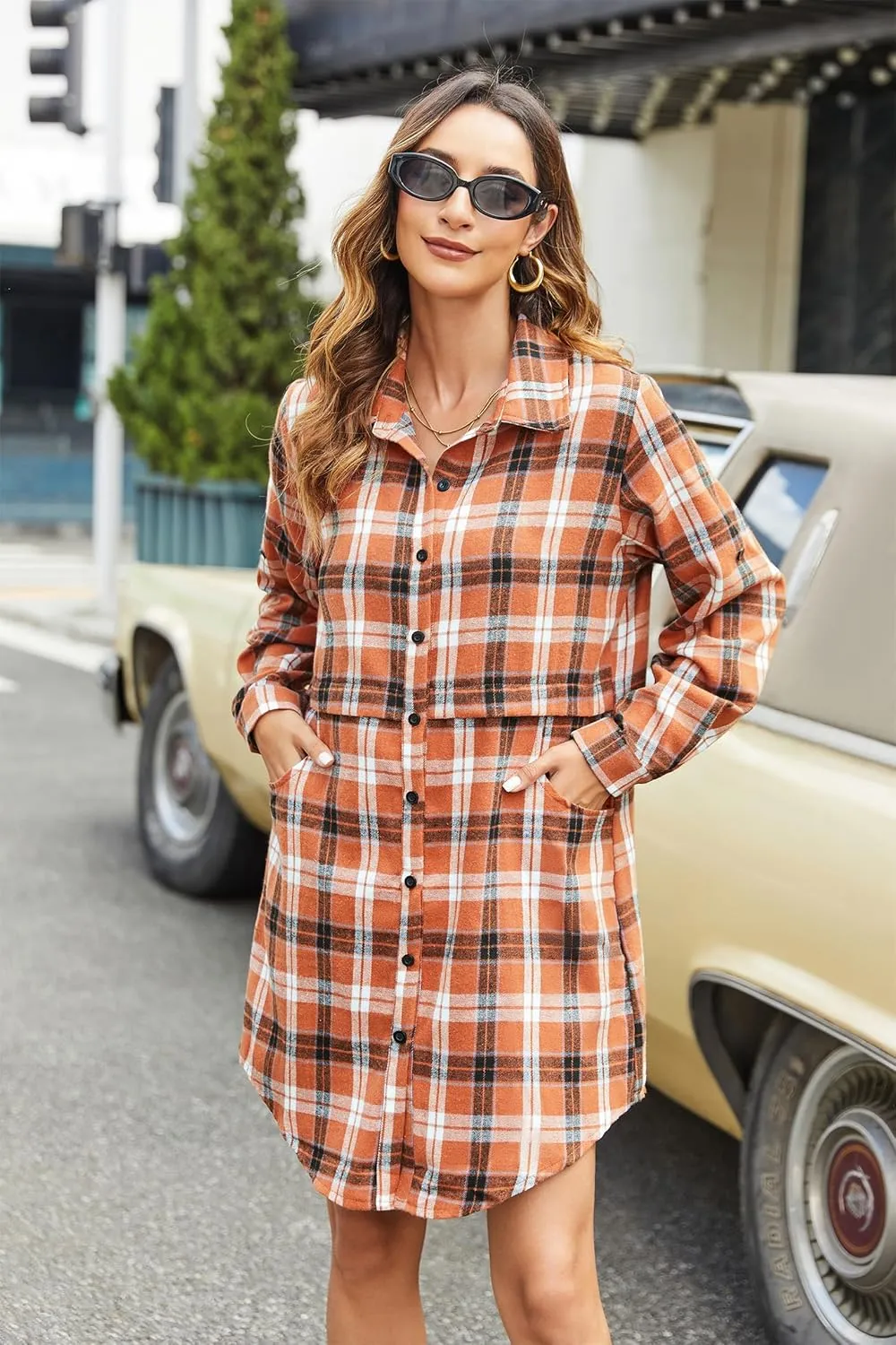 HOTOUCH Womens Flannel Plaid Shirts Roll Up Long Sleeve Mid-Long Casual Boyfriend Shirts with Pockets