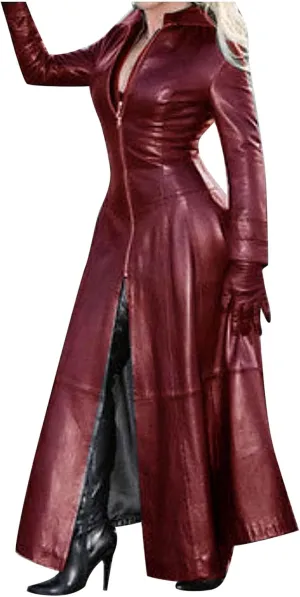 Howley Womens Sexy Faux Leather Jacket Solid Color Long Windbreaker Coat Trendy Full Sleeve Zip Up Trench Outerwear