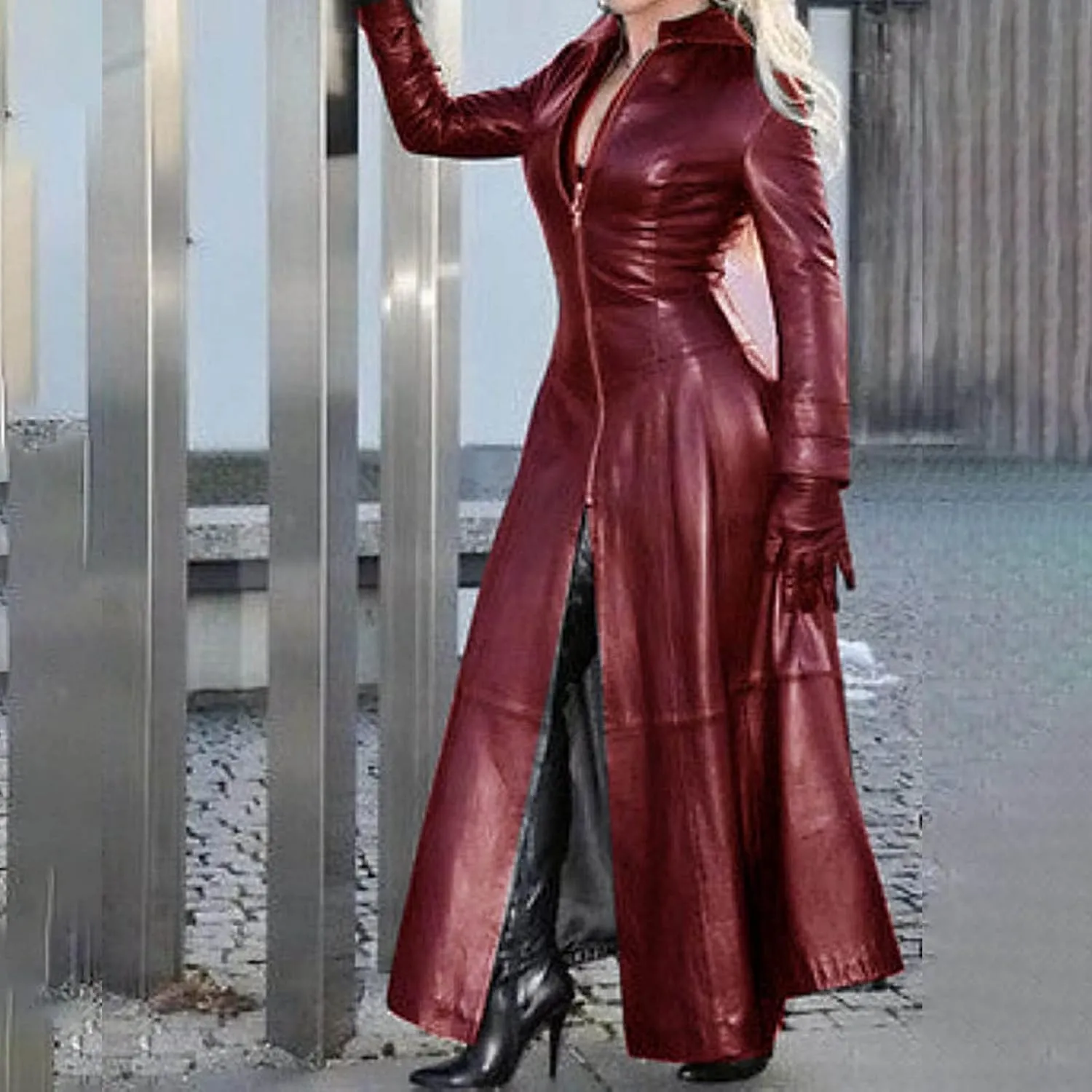 Howley Womens Sexy Faux Leather Jacket Solid Color Long Windbreaker Coat Trendy Full Sleeve Zip Up Trench Outerwear