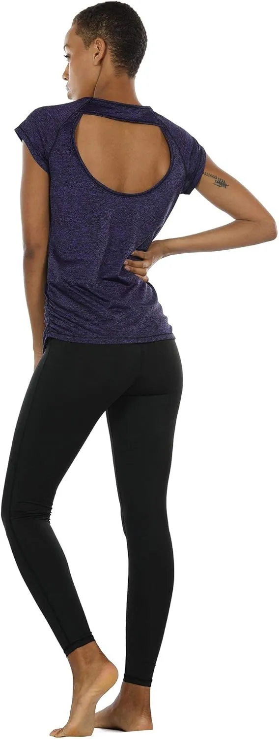 icyzone Workout Running Shirts for Women - Fitness Gym Yoga Exercise Short Sleeve T Shirts Open Back Tops