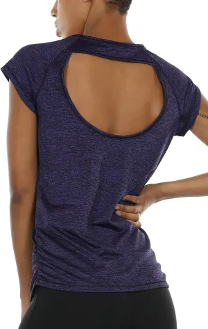 icyzone Workout Running Shirts for Women - Fitness Gym Yoga Exercise Short Sleeve T Shirts Open Back Tops