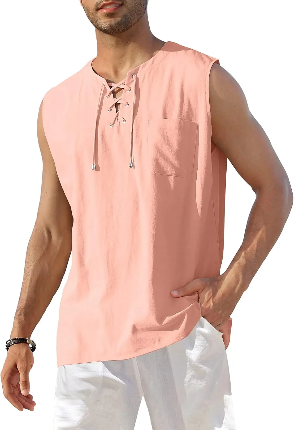 KUYIGO Men's Fashion Beach Sleeveless Shirts Hippie Tank Top Linen Viking Tunic for Summer