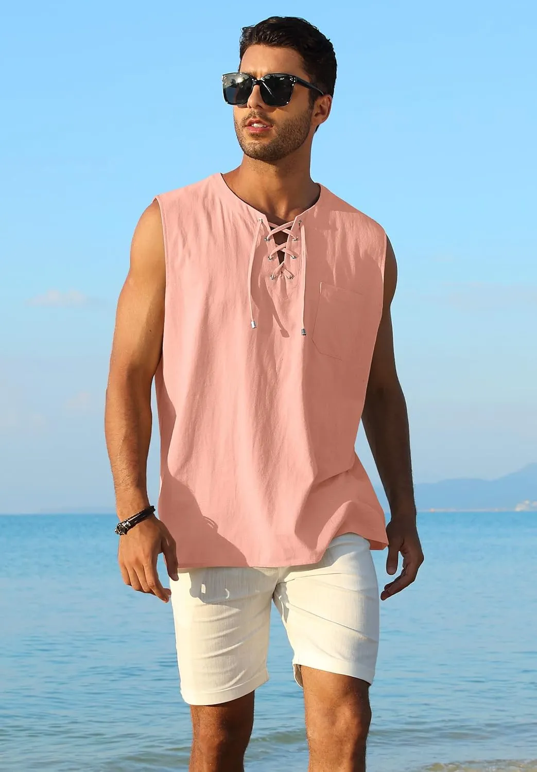 KUYIGO Men's Fashion Beach Sleeveless Shirts Hippie Tank Top Linen Viking Tunic for Summer