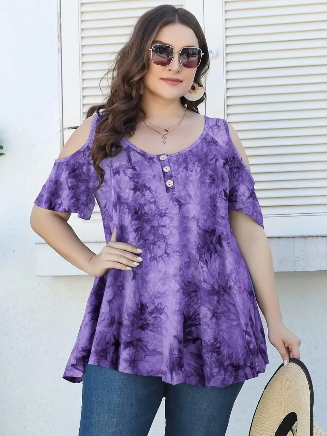 LARACE Cold Shoulder Tops for Women Plus Size V Neck T Shirts Short Sleeve Summer Clothes Button Up Tunic