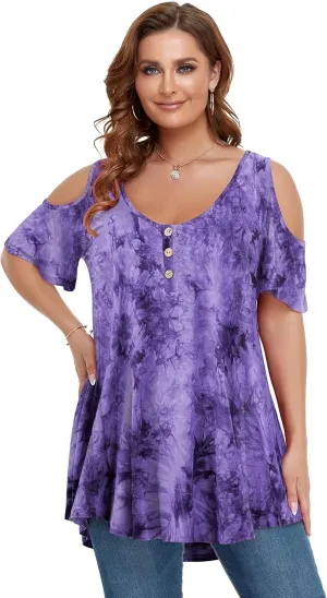 LARACE Cold Shoulder Tops for Women Plus Size V Neck T Shirts Short Sleeve Summer Clothes Button Up Tunic