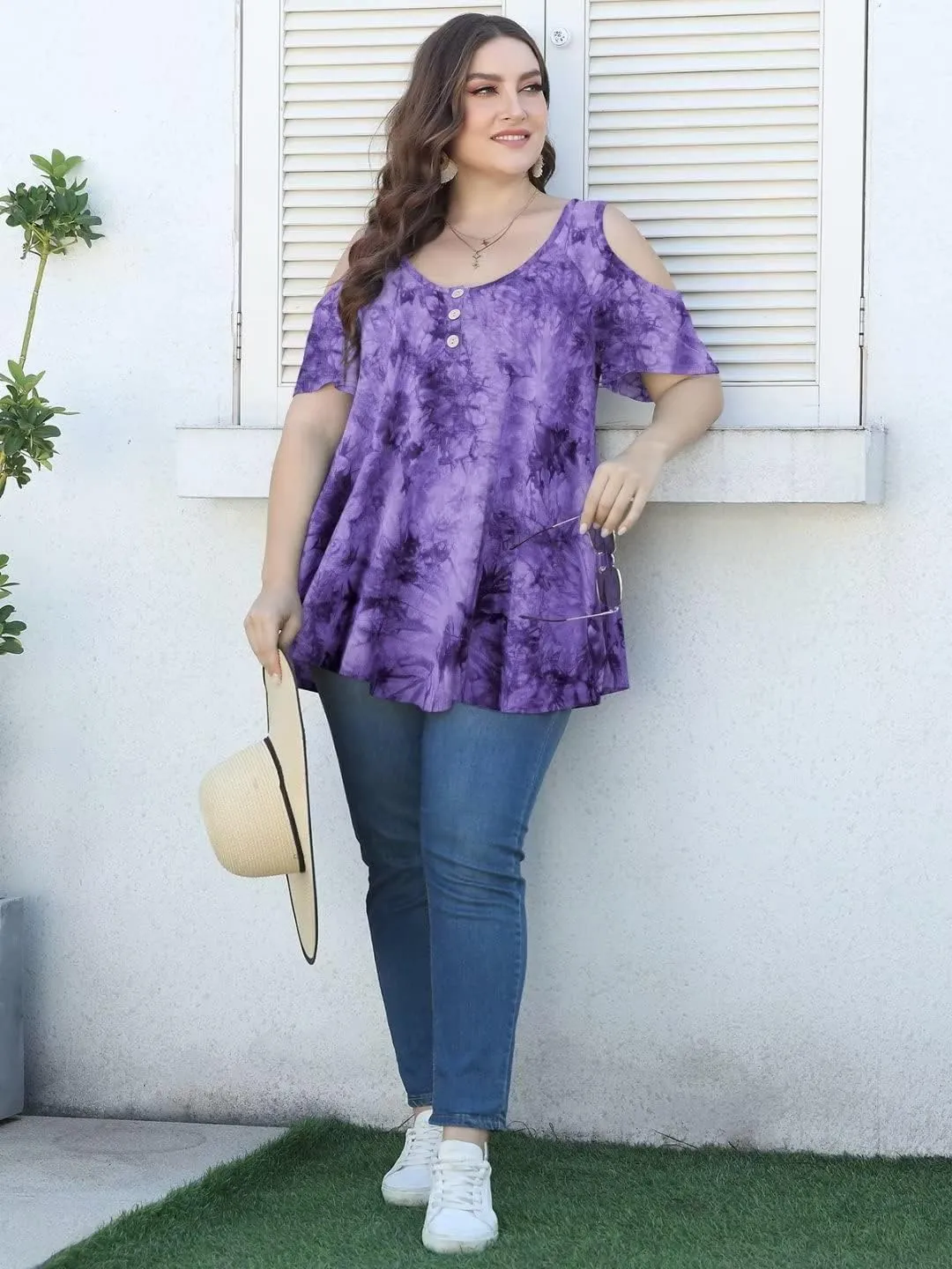 LARACE Cold Shoulder Tops for Women Plus Size V Neck T Shirts Short Sleeve Summer Clothes Button Up Tunic