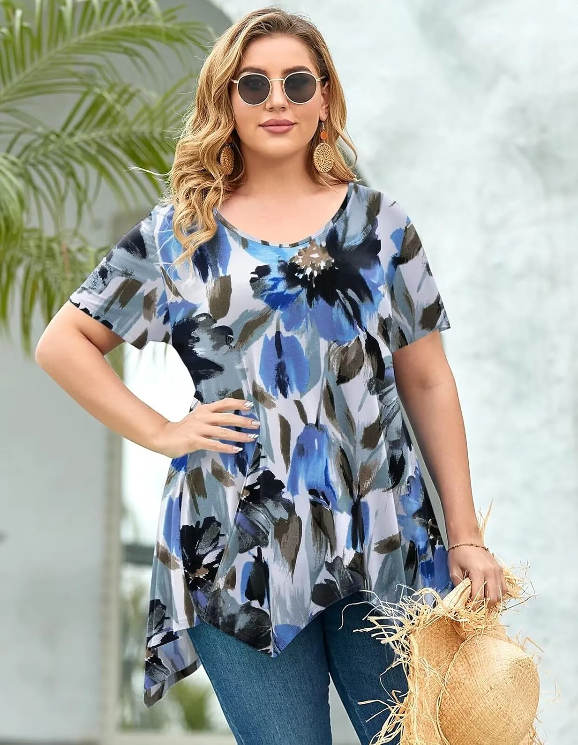 LARACE Plus Size Tops for Womens Summer Clothes Short Sleeve Shirts Casual V Neck Tunic Asymmetrical Blouses