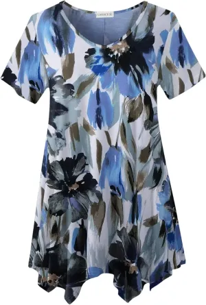 LARACE Plus Size Tops for Womens Summer Clothes Short Sleeve Shirts Casual V Neck Tunic Asymmetrical Blouses