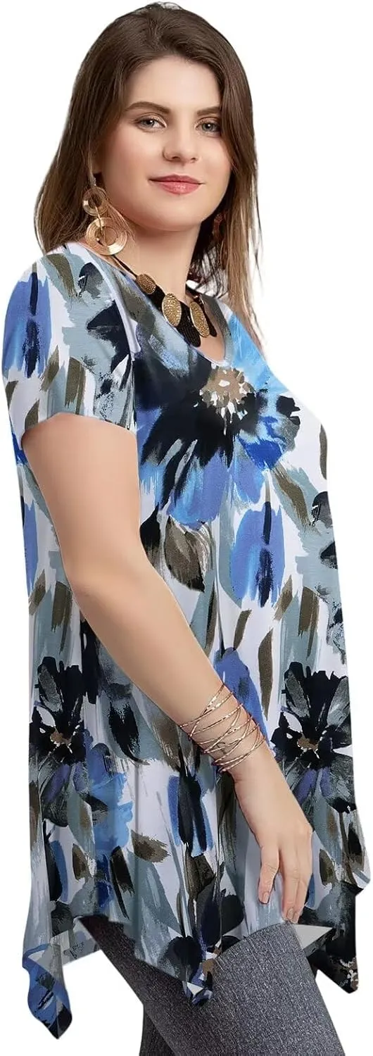 LARACE Plus Size Tops for Womens Summer Clothes Short Sleeve Shirts Casual V Neck Tunic Asymmetrical Blouses