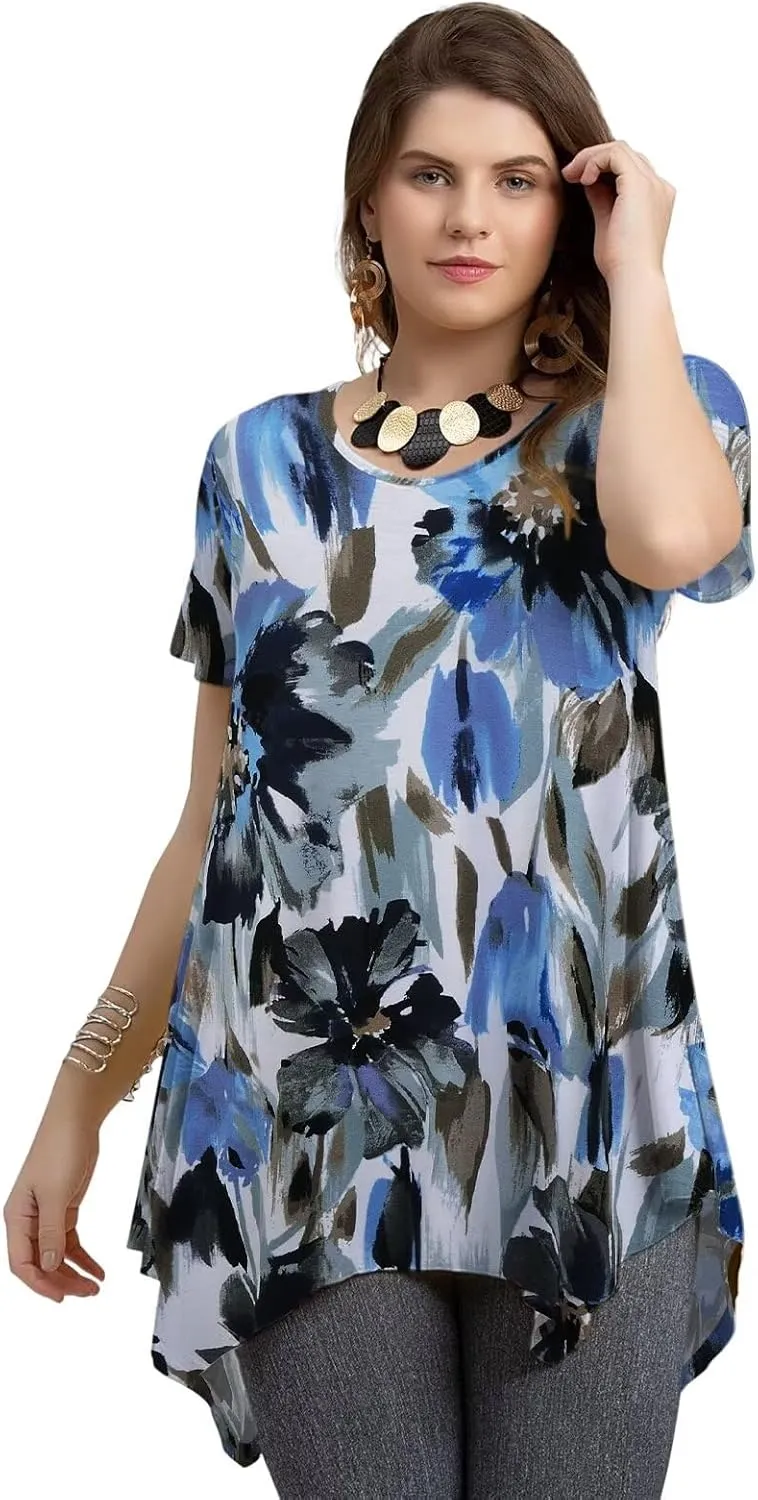LARACE Plus Size Tops for Womens Summer Clothes Short Sleeve Shirts Casual V Neck Tunic Asymmetrical Blouses
