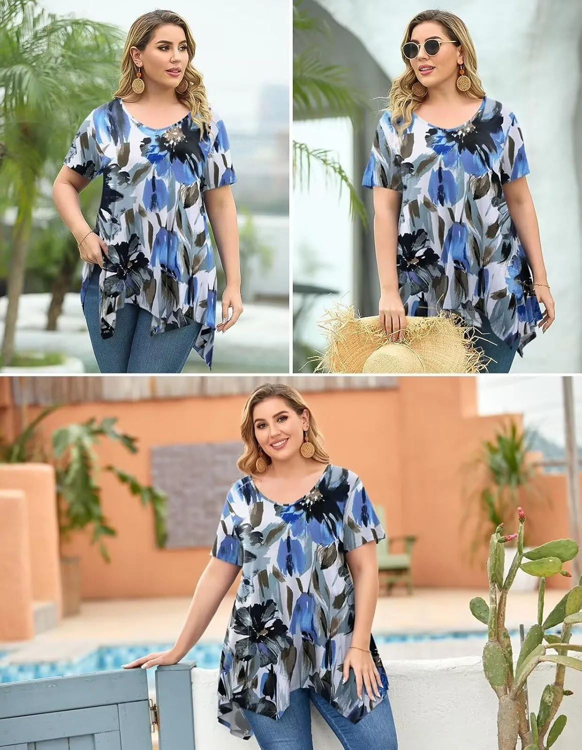 LARACE Plus Size Tops for Womens Summer Clothes Short Sleeve Shirts Casual V Neck Tunic Asymmetrical Blouses