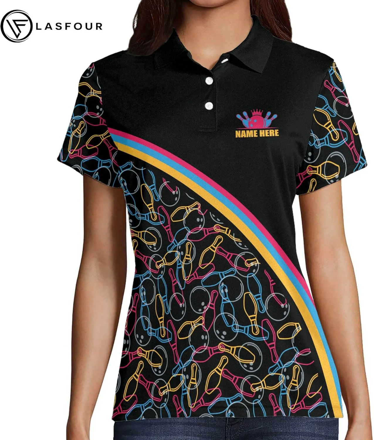 LASFOUR Personalized 3D Funny Bowling Shirts for Women, Custom Bowling Team Shirts for Women, Women Bowling Jerseys