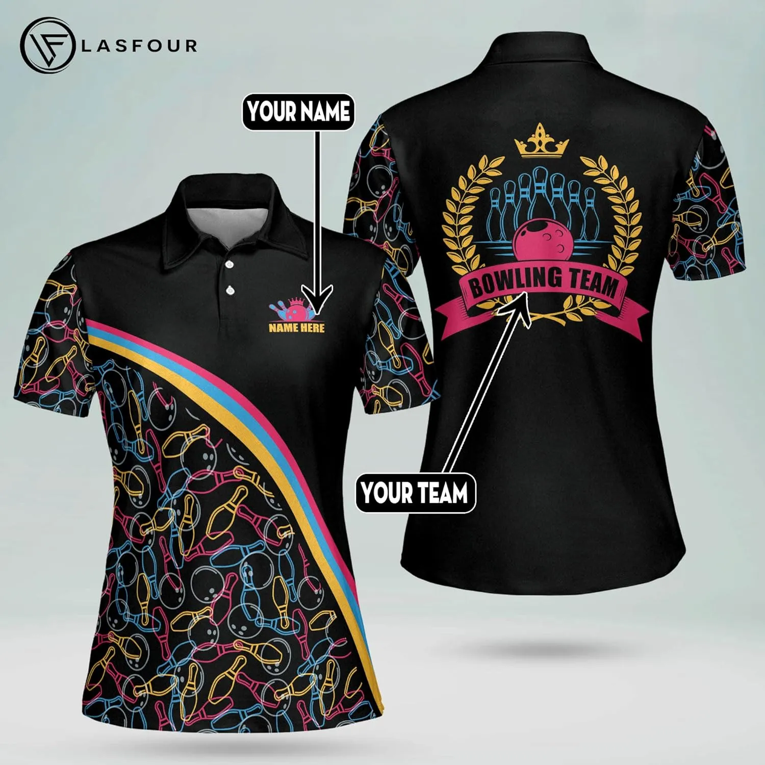 LASFOUR Personalized 3D Funny Bowling Shirts for Women, Custom Bowling Team Shirts for Women, Women Bowling Jerseys