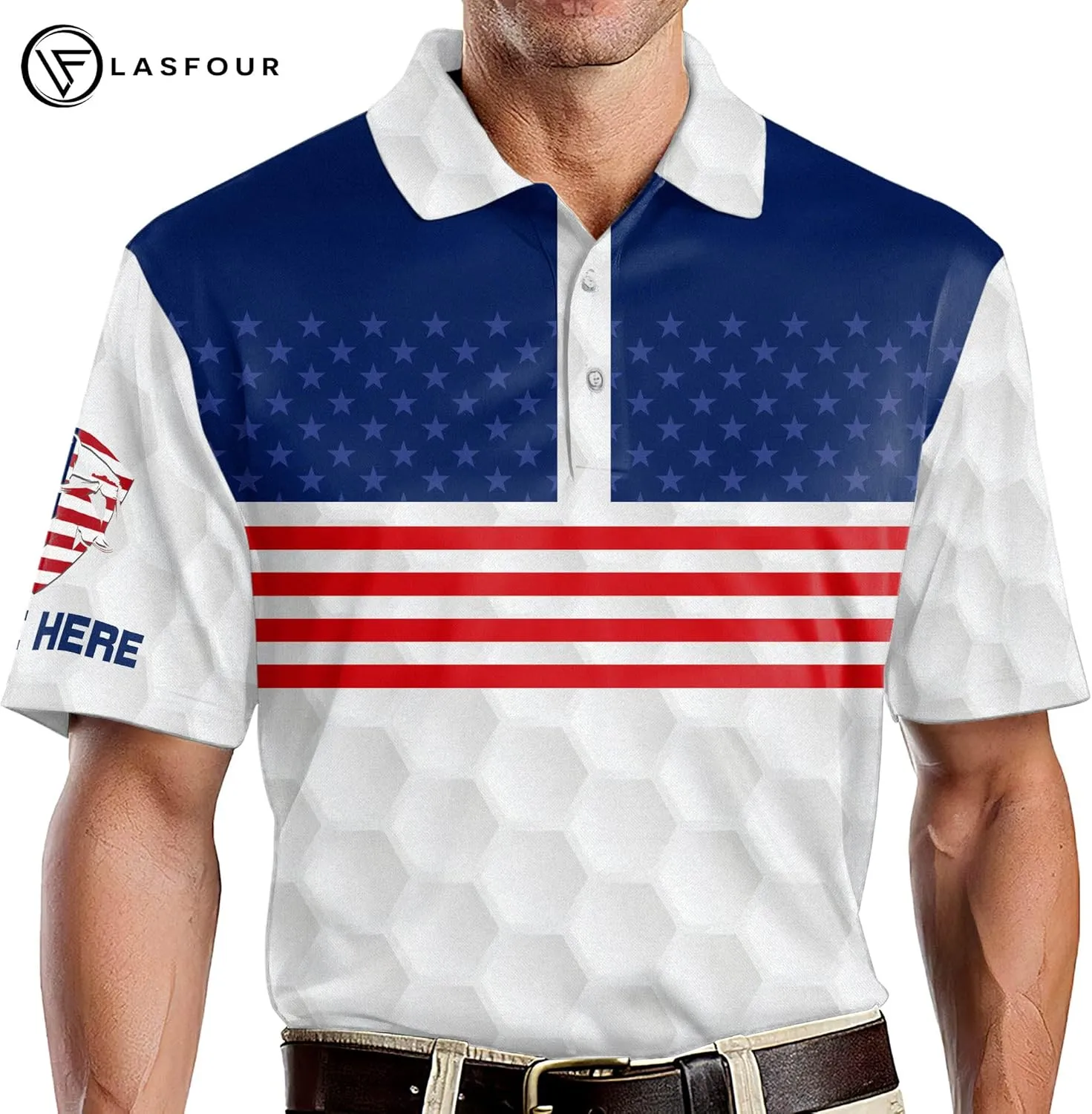 LASFOUR Personalized 3D Funny Golf Polo Shirts for Men, Men's Golf Shirts Short Sleeve Polo Dry Fit, America Golf Polos