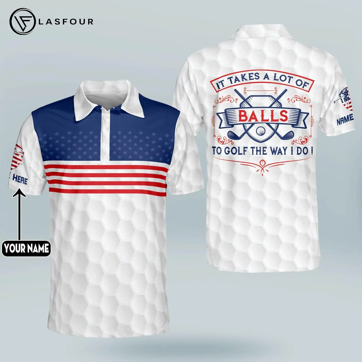 LASFOUR Personalized 3D Funny Golf Polo Shirts for Men, Men's Golf Shirts Short Sleeve Polo Dry Fit, America Golf Polos