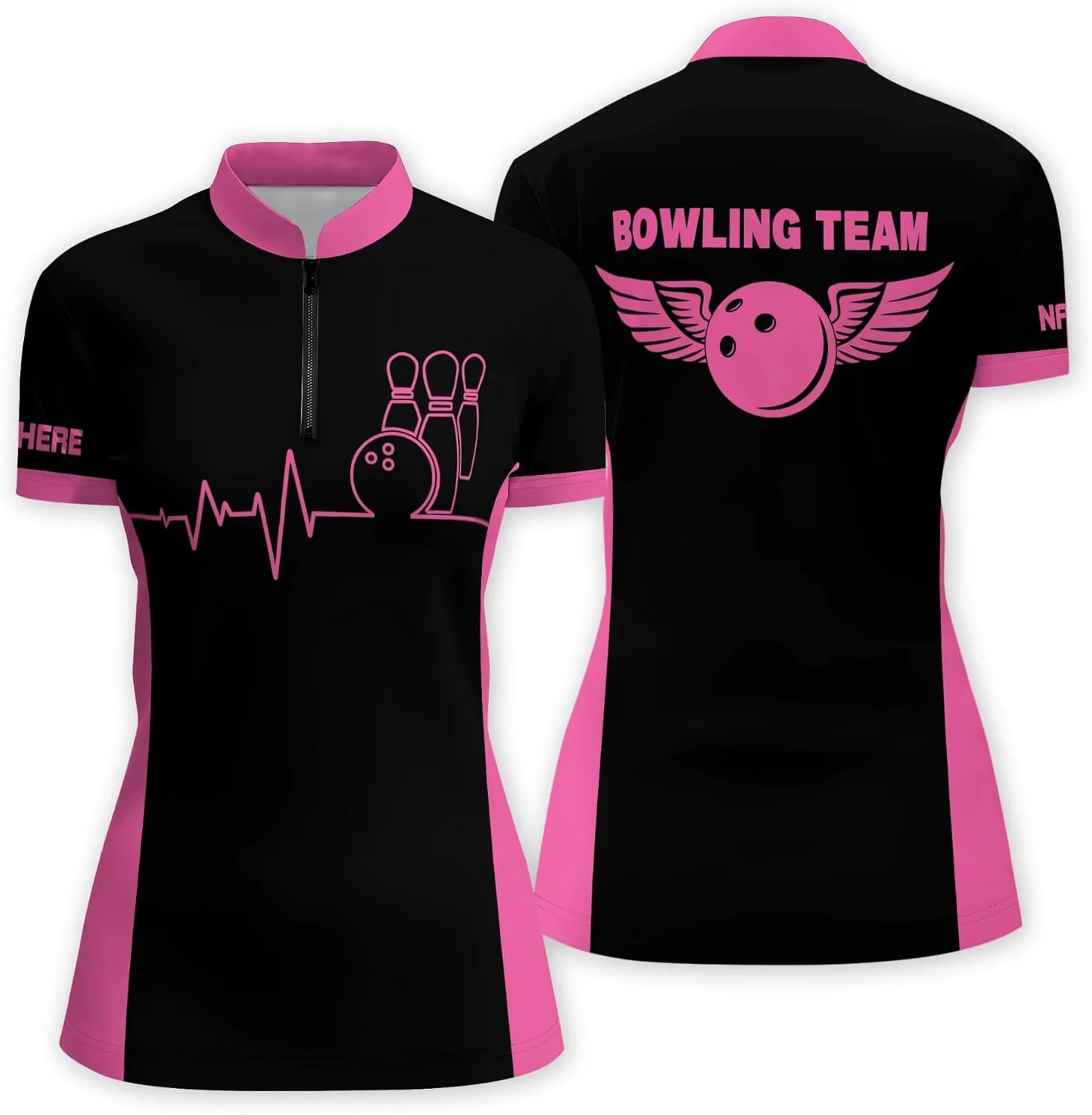 LASFOUR Personalized 3D Funny Heartbeat Pulse Line Pink Bowling Shirts for Women, Custom Bowling Jerseys Shirt for Women