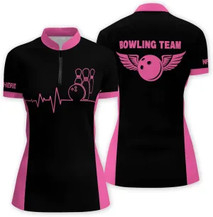 LASFOUR Personalized 3D Funny Heartbeat Pulse Line Pink Bowling Shirts for Women, Custom Bowling Jerseys Shirt for Women