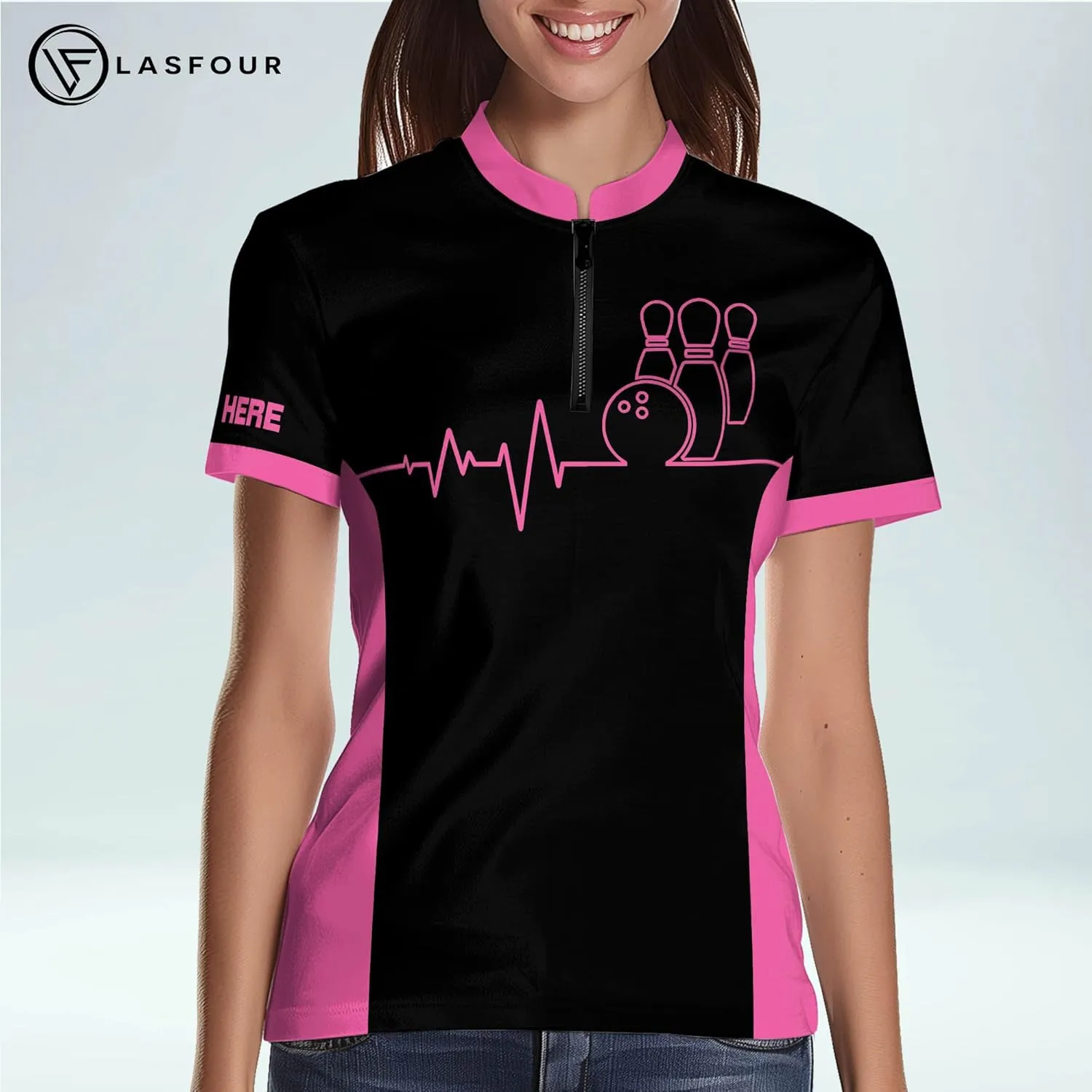 LASFOUR Personalized 3D Funny Heartbeat Pulse Line Pink Bowling Shirts for Women, Custom Bowling Jerseys Shirt for Women