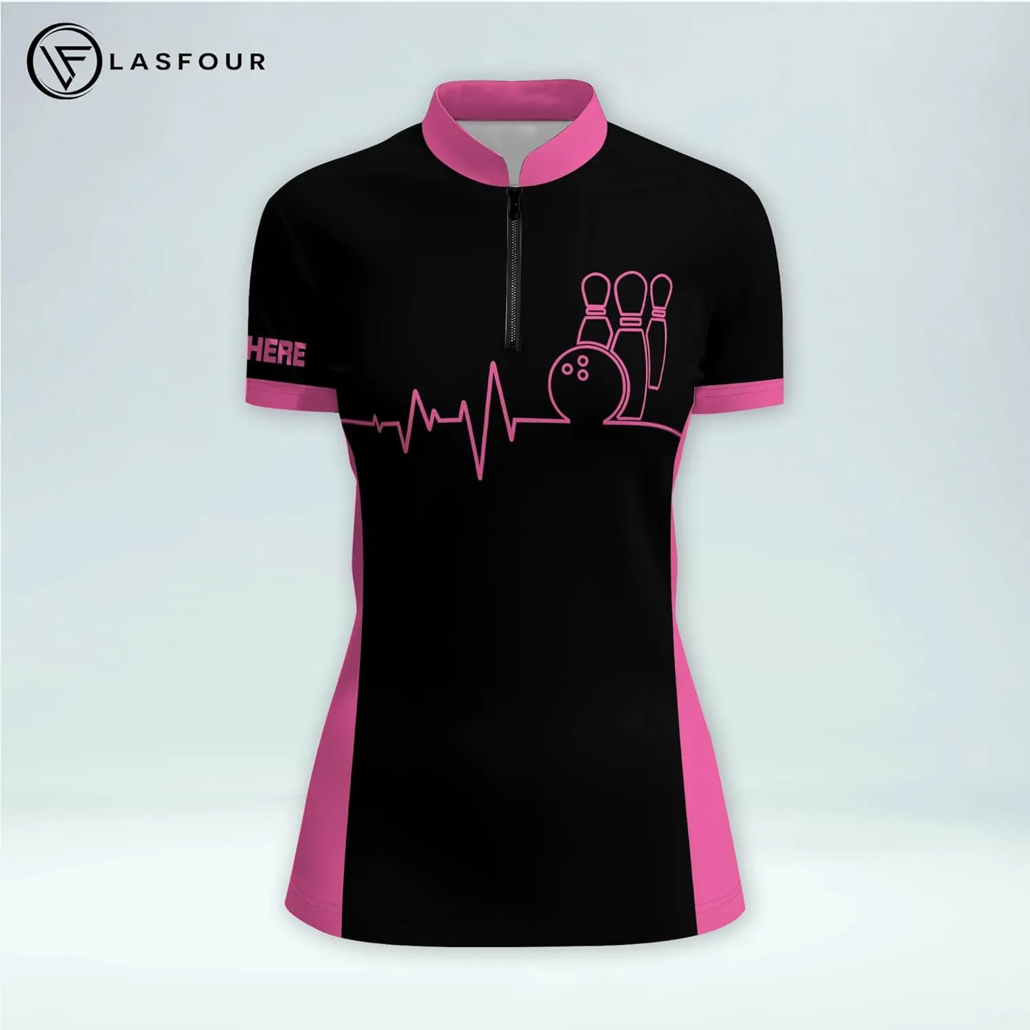 LASFOUR Personalized 3D Funny Heartbeat Pulse Line Pink Bowling Shirts for Women, Custom Bowling Jerseys Shirt for Women