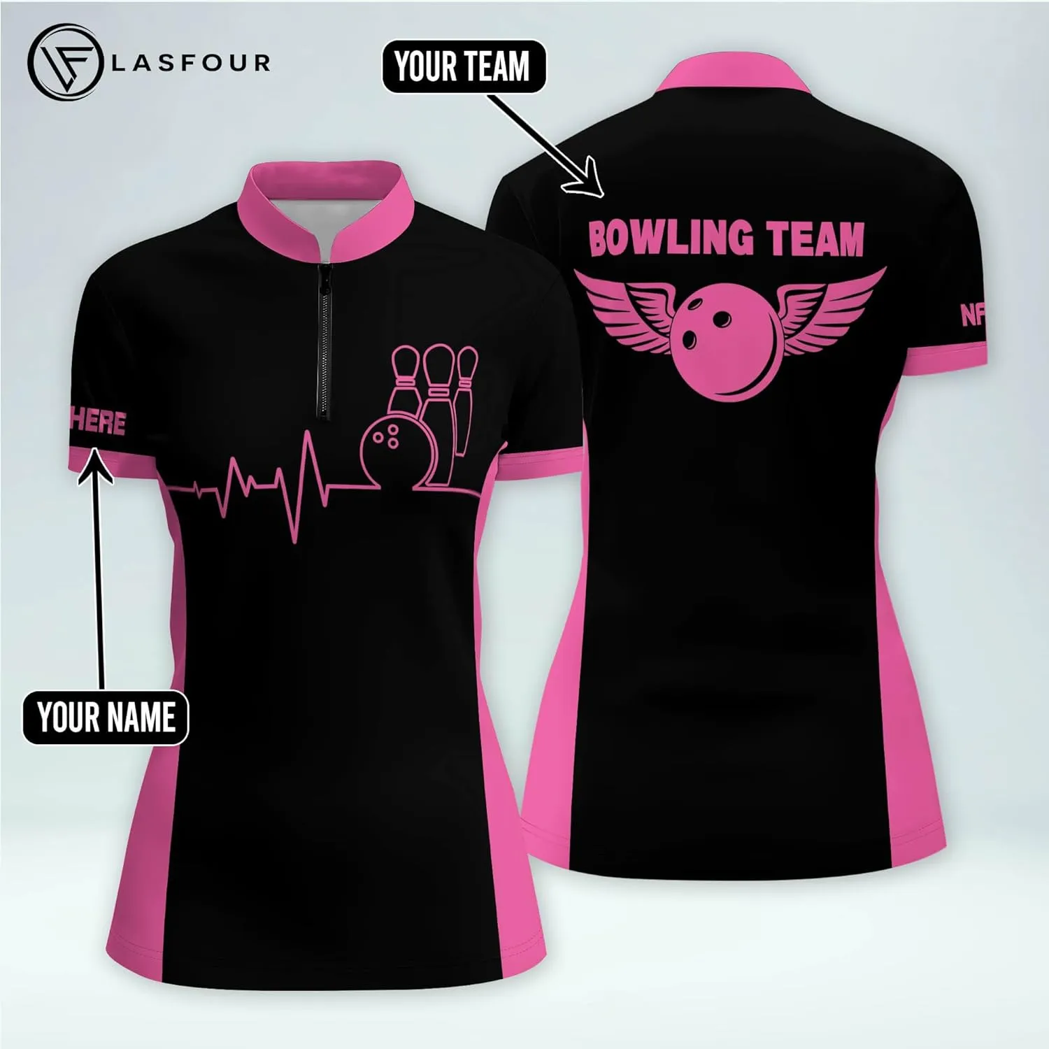 LASFOUR Personalized 3D Funny Heartbeat Pulse Line Pink Bowling Shirts for Women, Custom Bowling Jerseys Shirt for Women