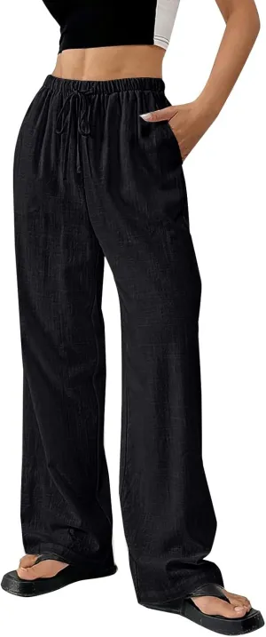 Linen Pants Women Summer Wide Leg High Waist Lounge Pant Plus Size Loose Casual Drawstring Beach Trousers with Pockets