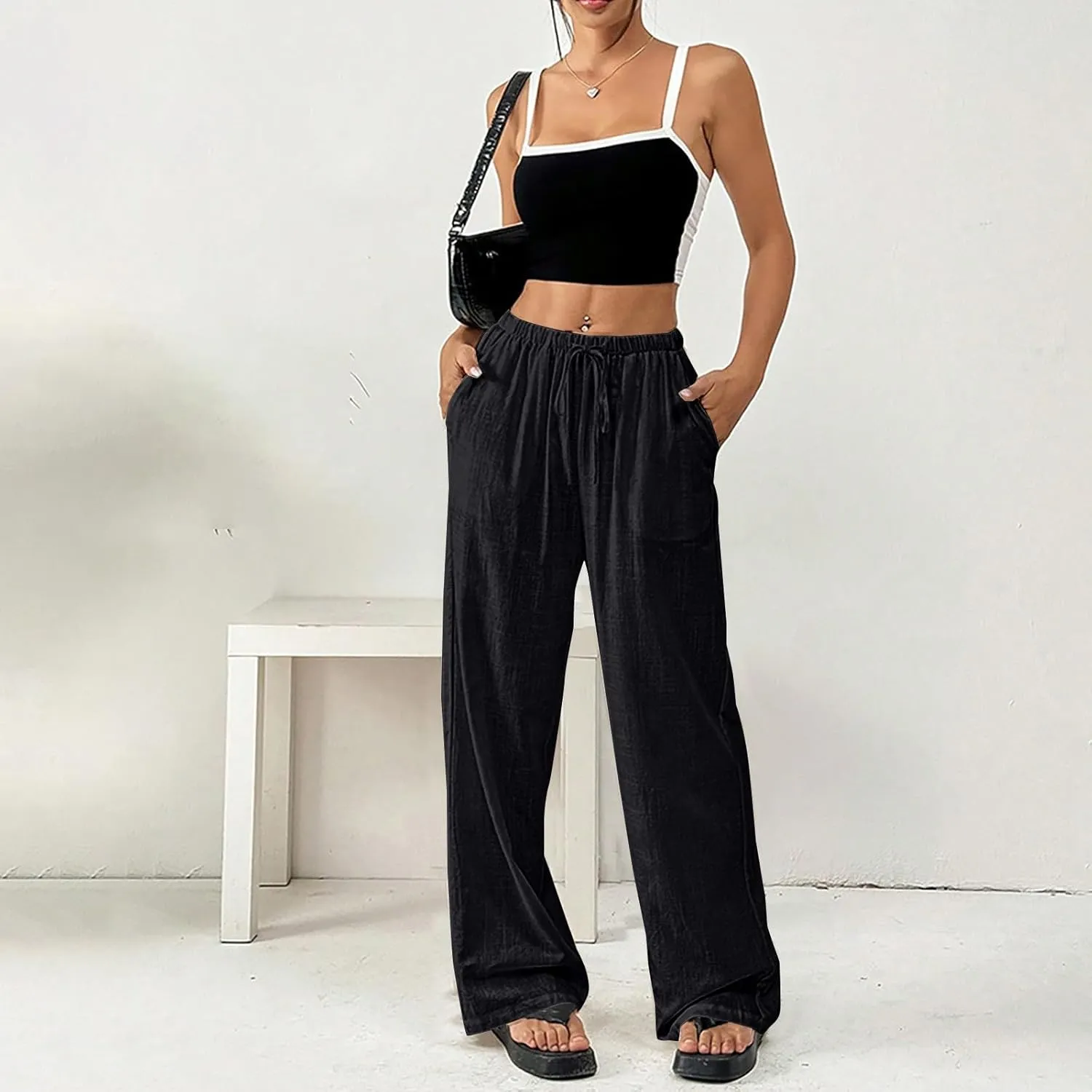 Linen Pants Women Summer Wide Leg High Waist Lounge Pant Plus Size Loose Casual Drawstring Beach Trousers with Pockets