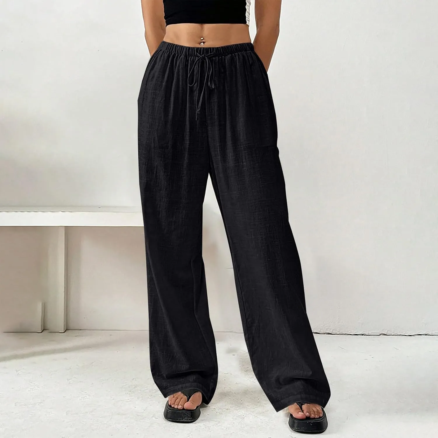 Linen Pants Women Summer Wide Leg High Waist Lounge Pant Plus Size Loose Casual Drawstring Beach Trousers with Pockets