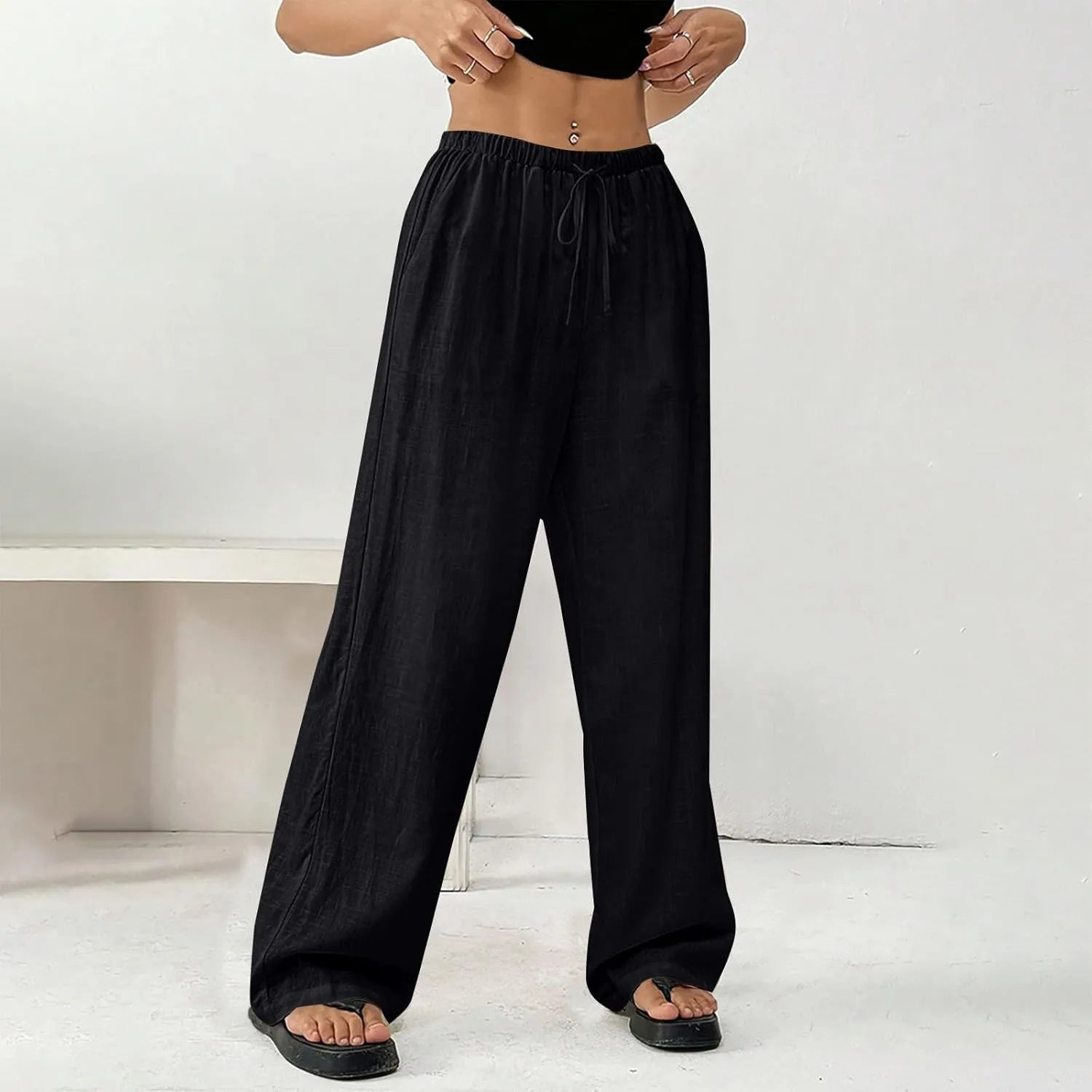 Linen Pants Women Summer Wide Leg High Waist Lounge Pant Plus Size Loose Casual Drawstring Beach Trousers with Pockets