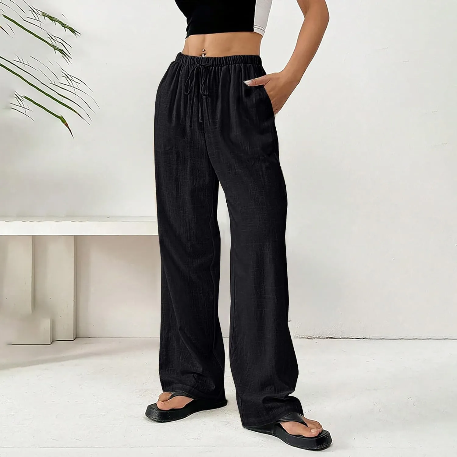 Linen Pants Women Summer Wide Leg High Waist Lounge Pant Plus Size Loose Casual Drawstring Beach Trousers with Pockets