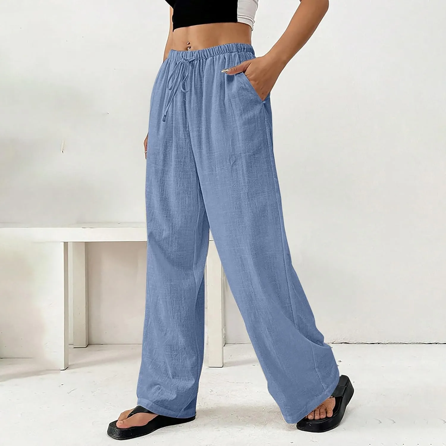 Linen Pants Women Summer Wide Leg High Waist Lounge Pant Plus Size Loose Casual Drawstring Beach Trousers with Pockets