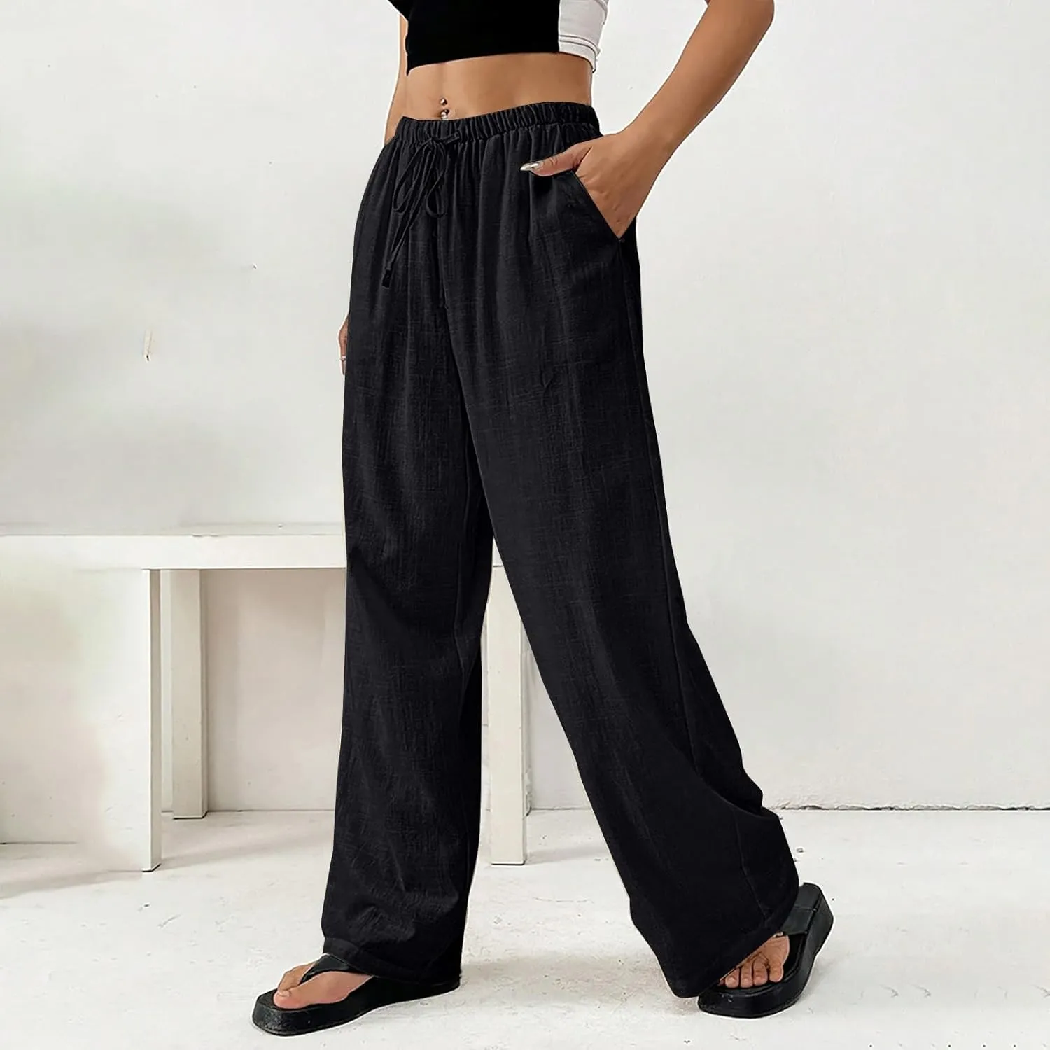 Linen Pants Women Summer Wide Leg High Waist Lounge Pant Plus Size Loose Casual Drawstring Beach Trousers with Pockets