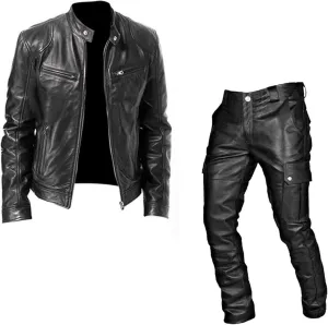 Long Retro Slim Men's Pants Autumn/Winter Punk Casual Suit Leather Leather Pants Two Piece Suit Suit Inner