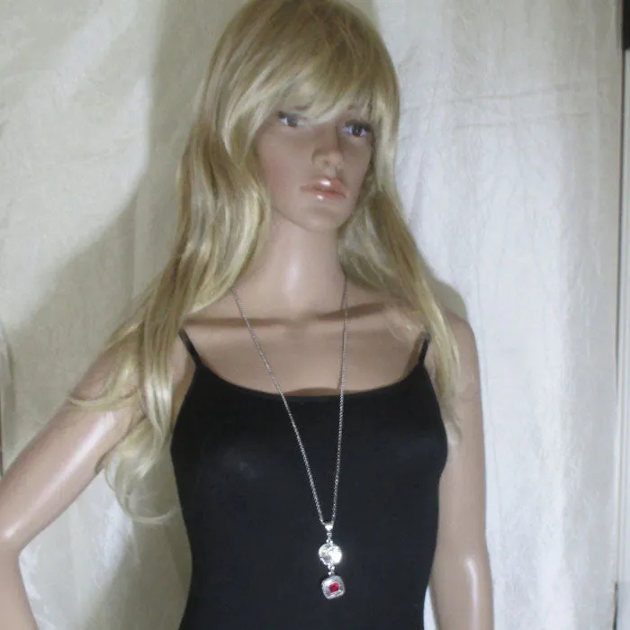 Long Sweater Pendant Necklace Red Charm Silver Long Chain