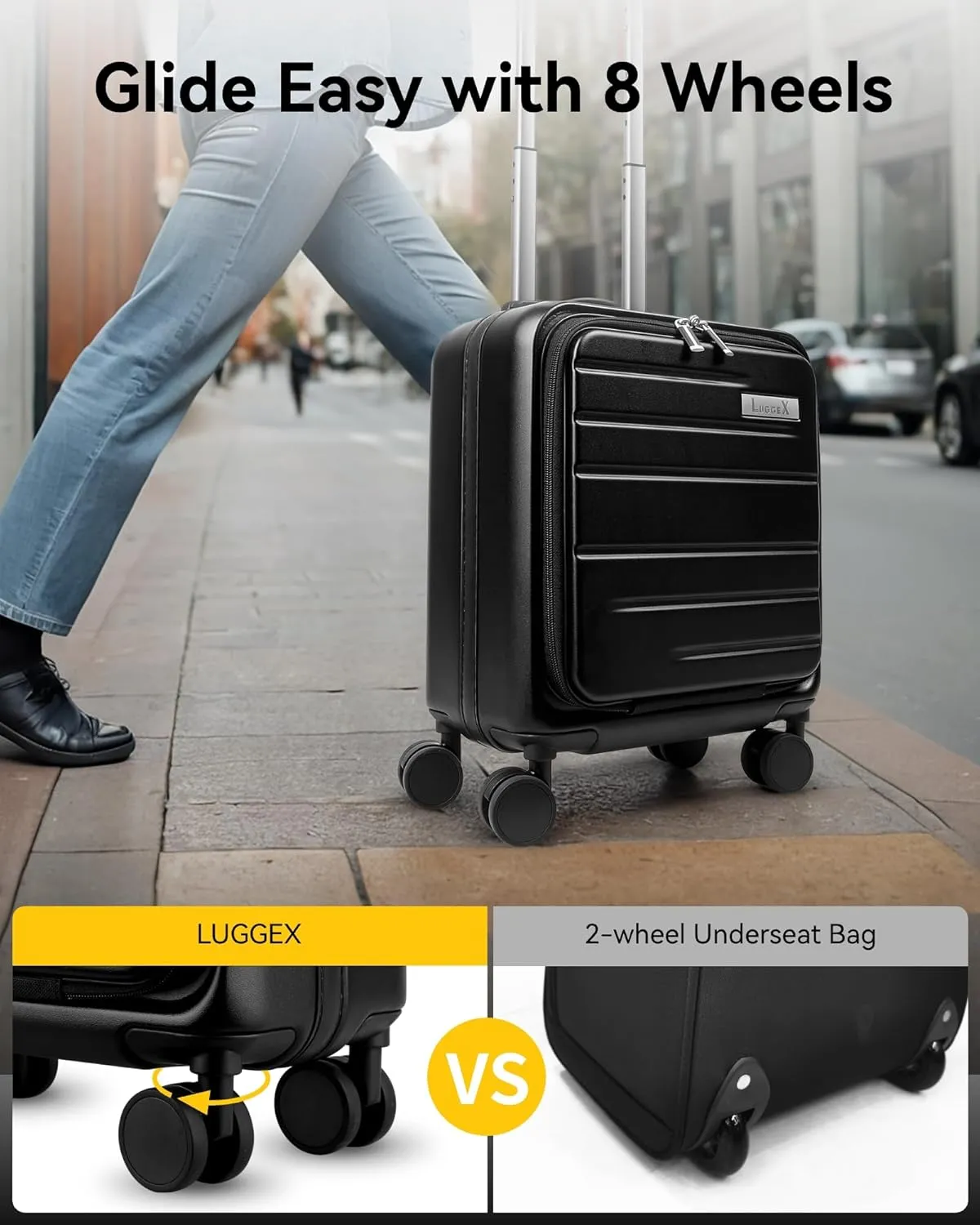LUGGEX Underseat Carry On Luggage with Wheels, Small Suitcase with Top Open (Black, 14 Inch, 18L)