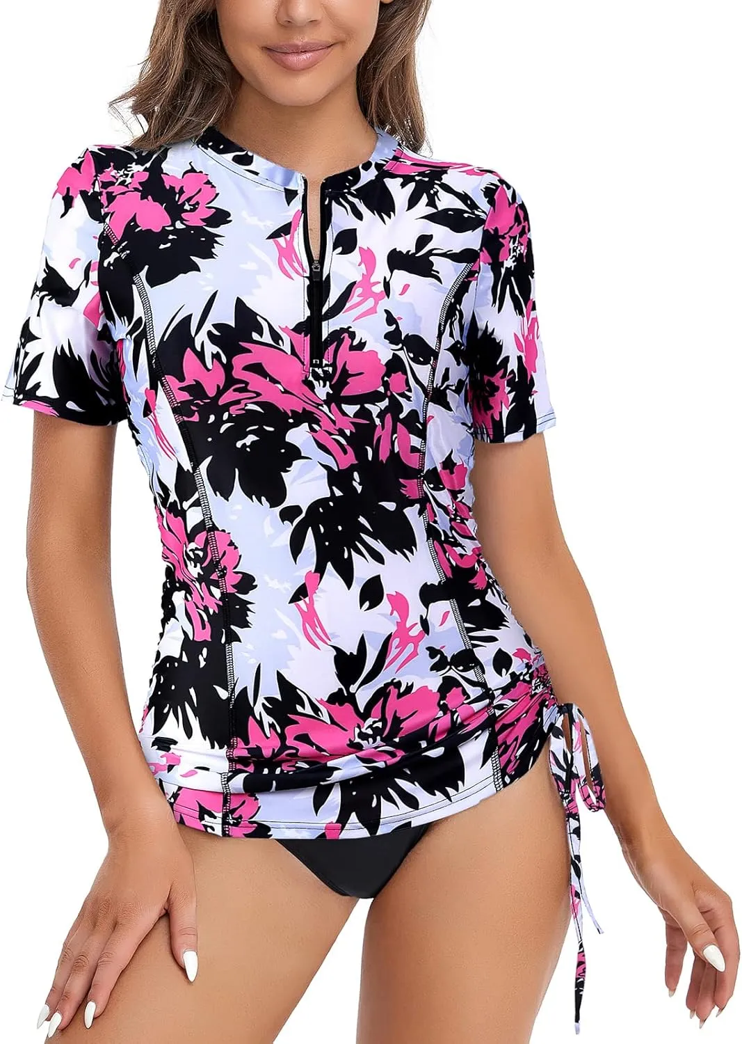 LURANEE Womens Short Sleeve Rash Guard Shirts UPF 50  Side Adjustable Wetsuit Swimsuit Top S-XXL