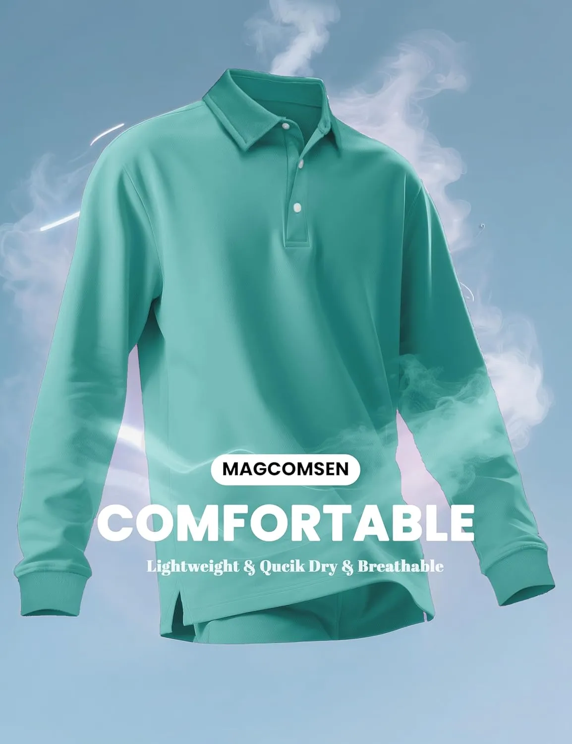 MAGCOMSEN Men's Polo Shirt Long Sleeve Golf Shirts Quick Dry Lightweight 3-Button Performance Work Fishing Athletic