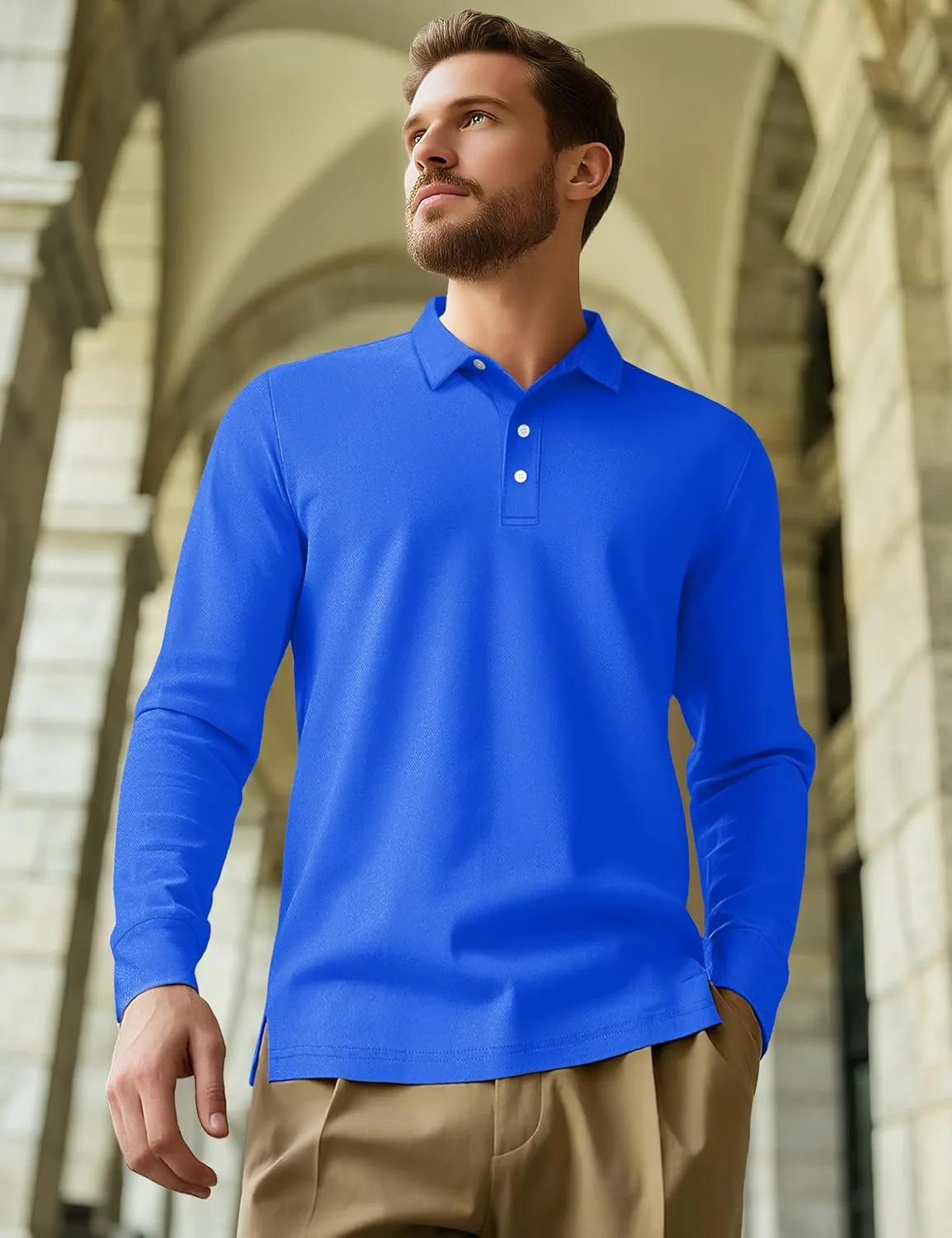 MAGCOMSEN Men's Polo Shirt Long Sleeve Golf Shirts Quick Dry Lightweight 3-Button Performance Work Fishing Athletic