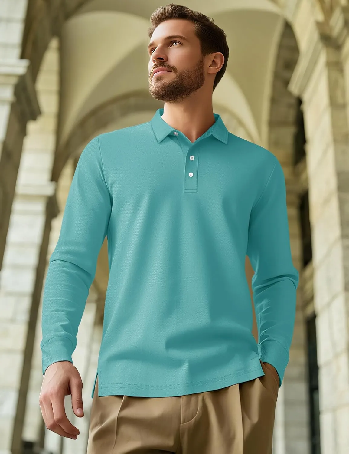 MAGCOMSEN Men's Polo Shirt Long Sleeve Golf Shirts Quick Dry Lightweight 3-Button Performance Work Fishing Athletic