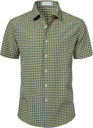 Manwan walk Mens Short Sleeve Plaid Casual Button Down Shirts Gingham Regular Fit Dress Shirts