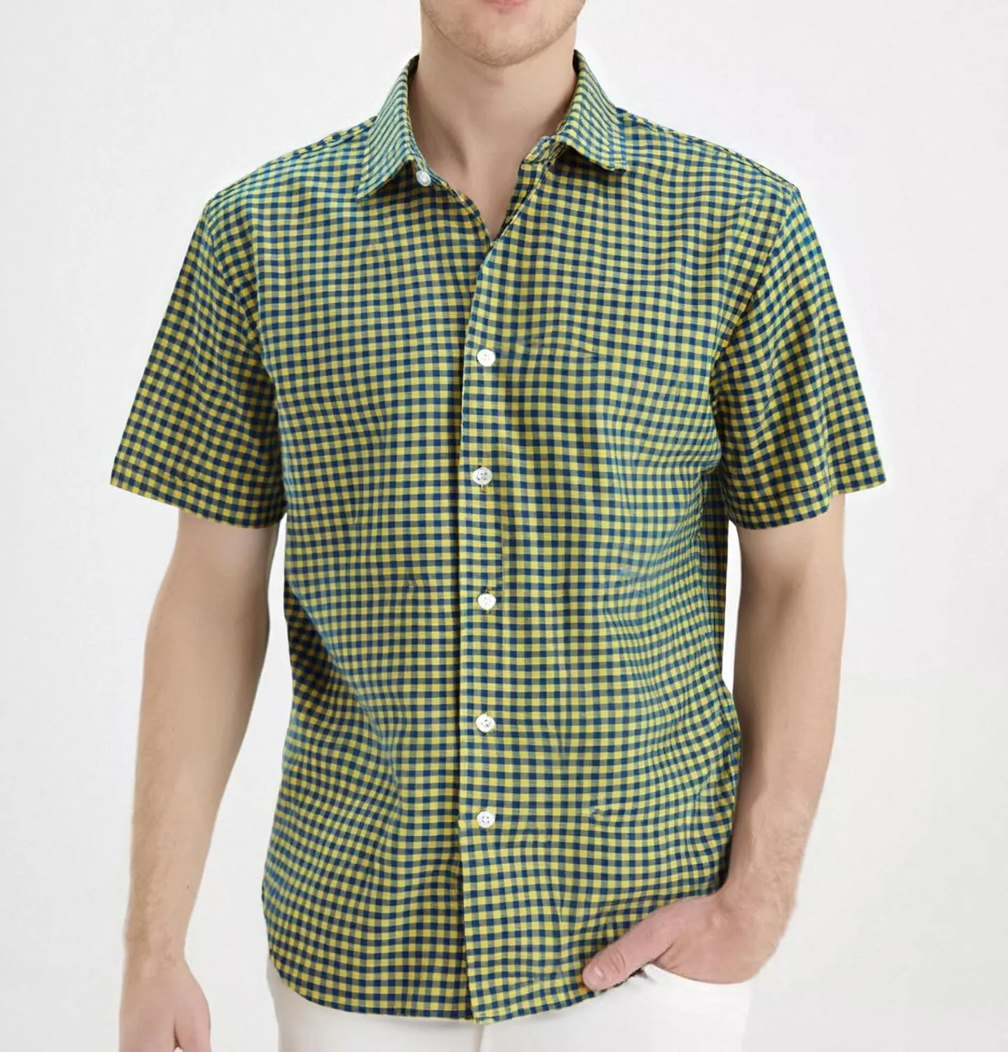 Manwan walk Mens Short Sleeve Plaid Casual Button Down Shirts Gingham Regular Fit Dress Shirts