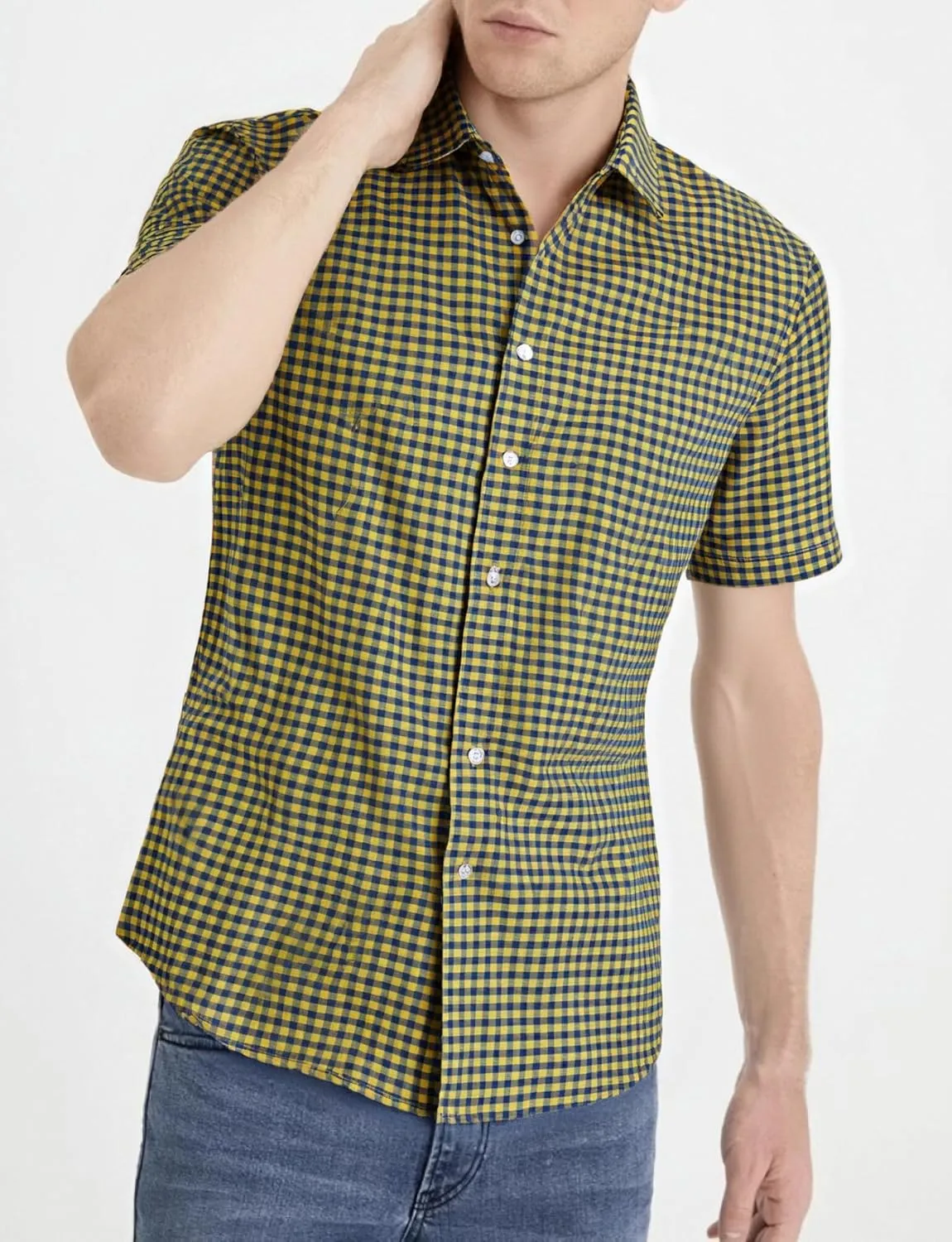 Manwan walk Mens Short Sleeve Plaid Casual Button Down Shirts Gingham Regular Fit Dress Shirts