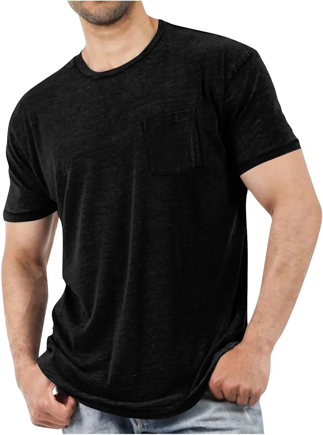 Men Short Sleeve T Shirts with Chest Pocket, Solid Color Crewneck Tee Soft Comfy Summer Tops Workout Athletic Tshirt