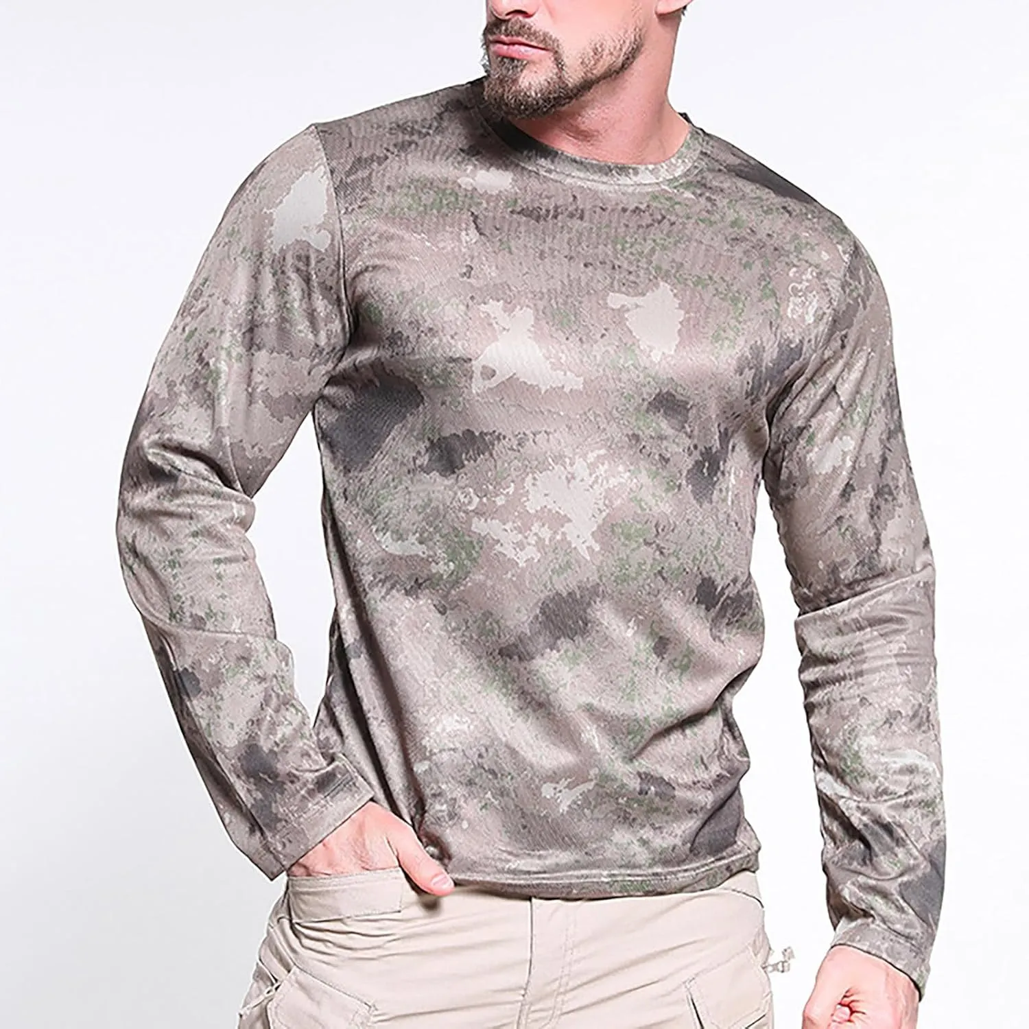 Men UPF 50  Sun Protection Camo Shirt Quick Dry Long Sleeve UV T Shirts Lightweight Moisture Wicking Athletic Hiking Tee Tops