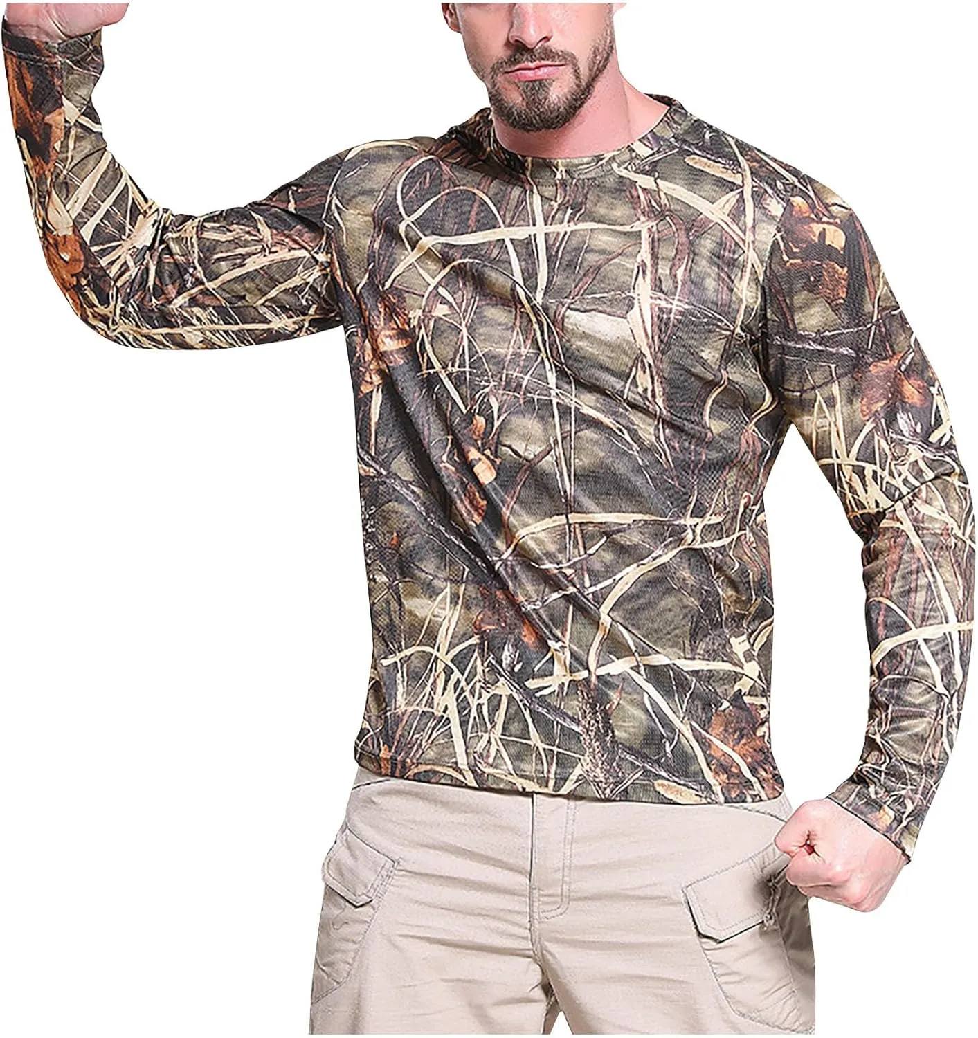 Men UPF 50  Sun Protection Camo Shirt Quick Dry Long Sleeve UV T Shirts Lightweight Moisture Wicking Athletic Hiking Tee Tops