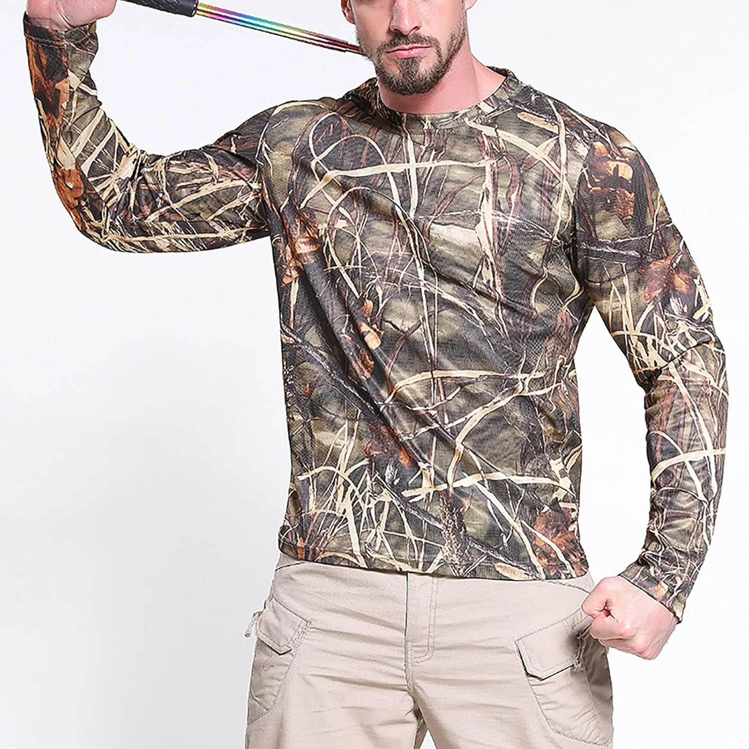 Men UPF 50  Sun Protection Camo Shirt Quick Dry Long Sleeve UV T Shirts Lightweight Moisture Wicking Athletic Hiking Tee Tops