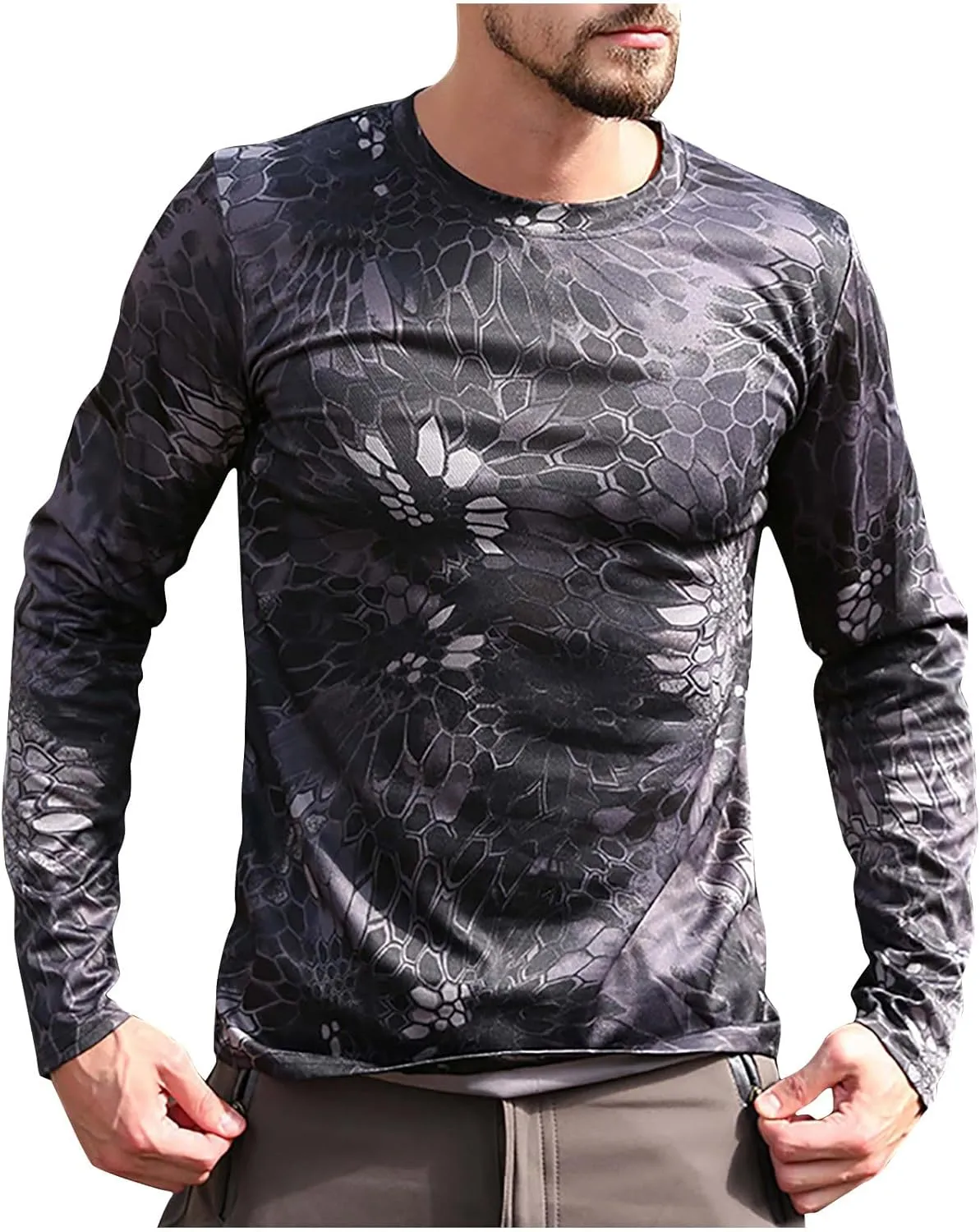 Men UPF 50  Sun Protection Camo Shirt Quick Dry Long Sleeve UV T Shirts Lightweight Moisture Wicking Athletic Hiking Tee Tops