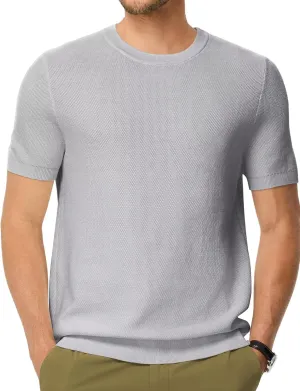 Mens 100% Cotton T-Shirts Casual Short Sleeve Crewneck Knit Shirts Summer Waffle Solid Knitted Pullover Sweater