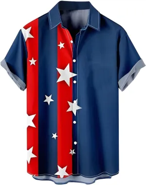 Men's 4th of July Shirts Button Up Patriotic American Flag Red White Blue Hawaiian Shirt Fourth of July Shirts
