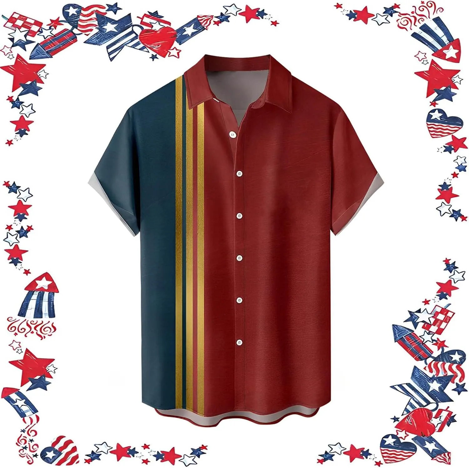 Men's 4th of July Shirts Button Up Patriotic American Flag Red White Blue Hawaiian Shirt Fourth of July Shirts