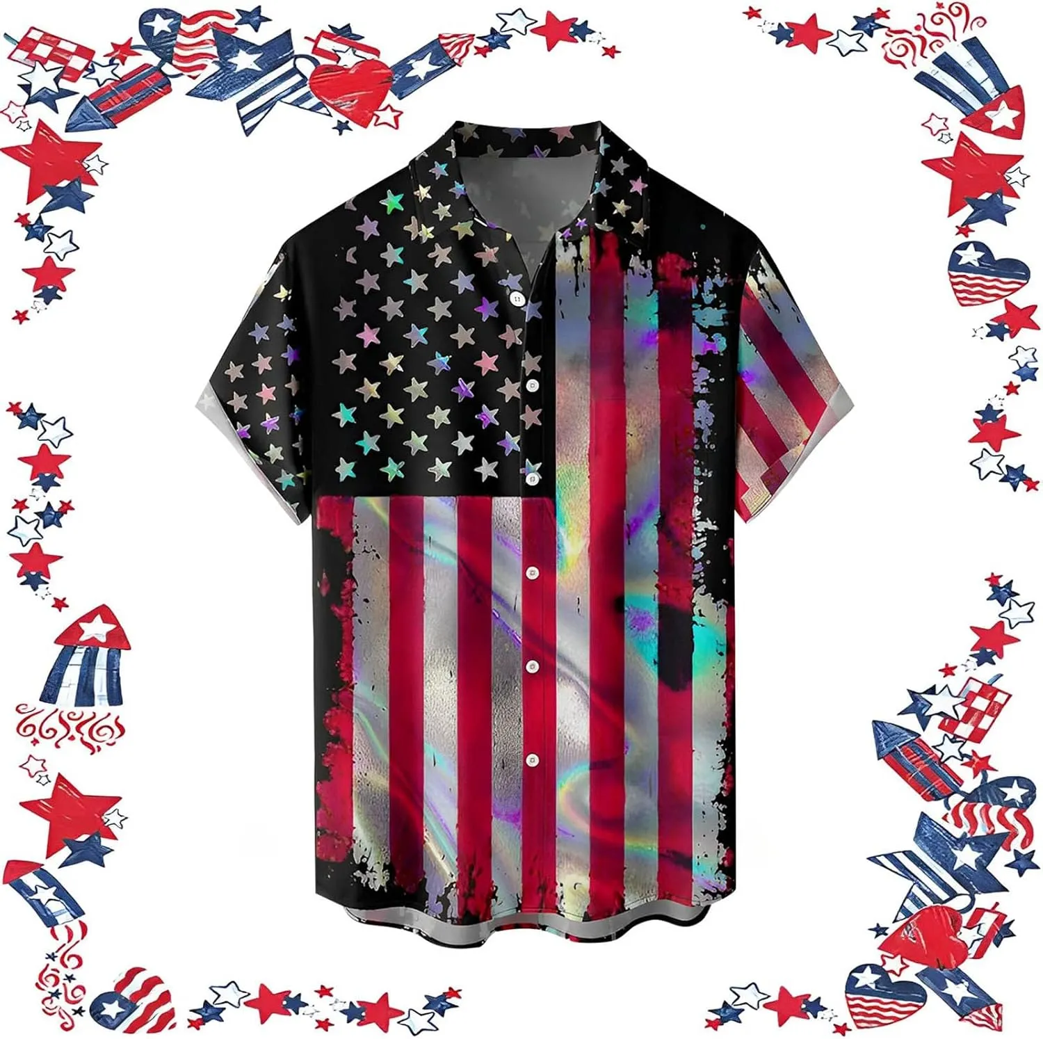 Men's 4th of July Shirts Button Up Patriotic American Flag Red White Blue Hawaiian Shirt Fourth of July Shirts